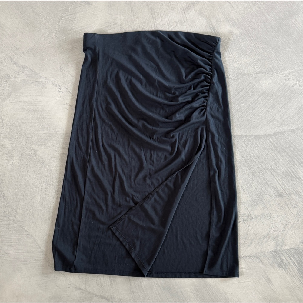 Wilfred Aritzia Black Strapless Black Cotton Blend Rouched Dress with Slide Slit